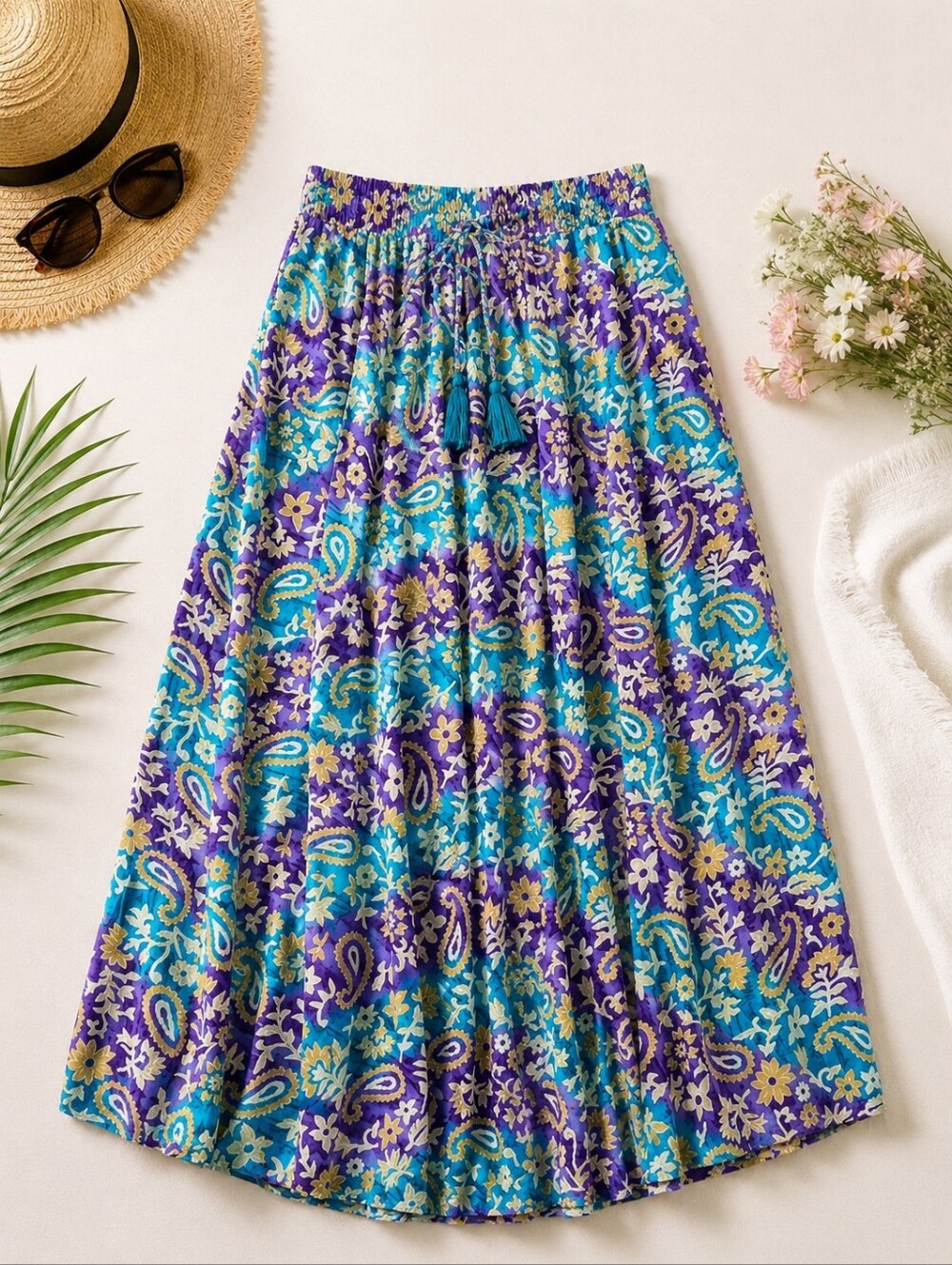 Chelsea & Theodore Purple, Teal & Gold Paisley A-Line Skirt
